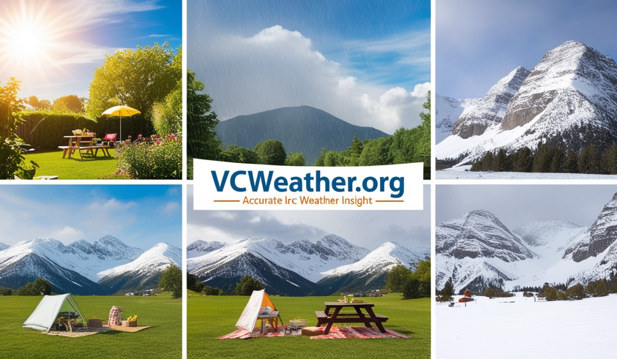 Sunny, rainy, and snowy weather panels with VCWeather.org logo